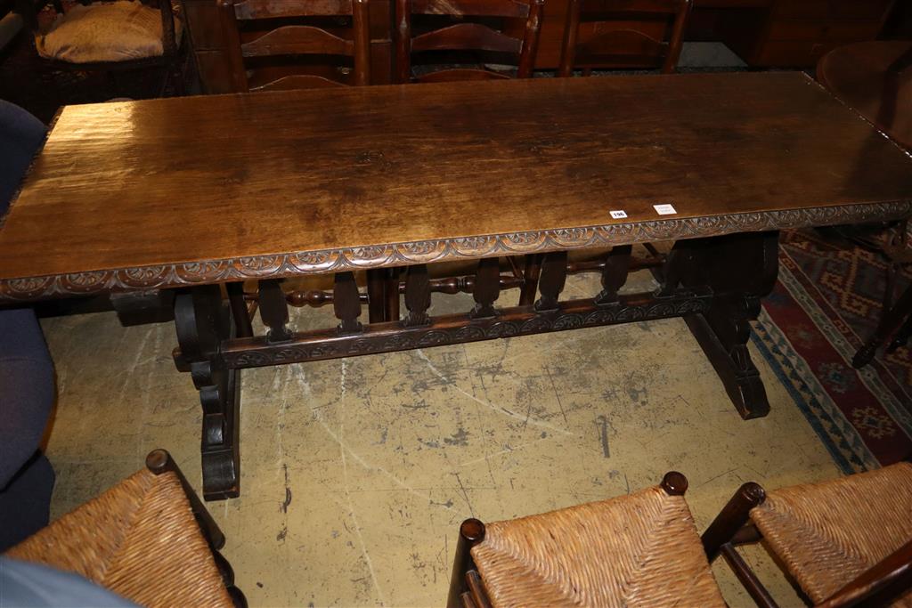 A 17th century style oak refectory table, width 210cm, depth 70cm, height 74cm